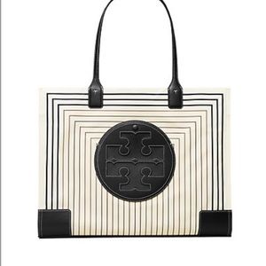Tory Burch Ella Tote with Black Handles. Box Stripe Print